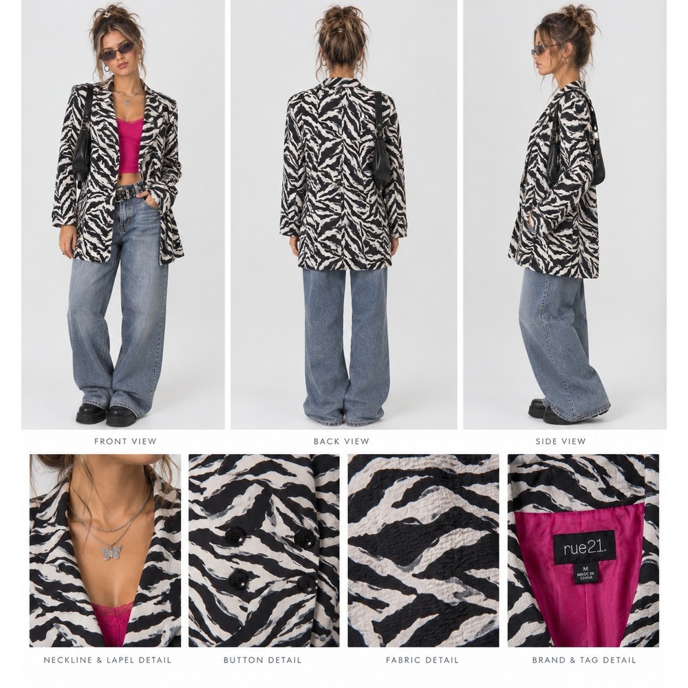 Rue21 Zebra Print Double Breasted Blazer Jacket Black White Pink Lining Large